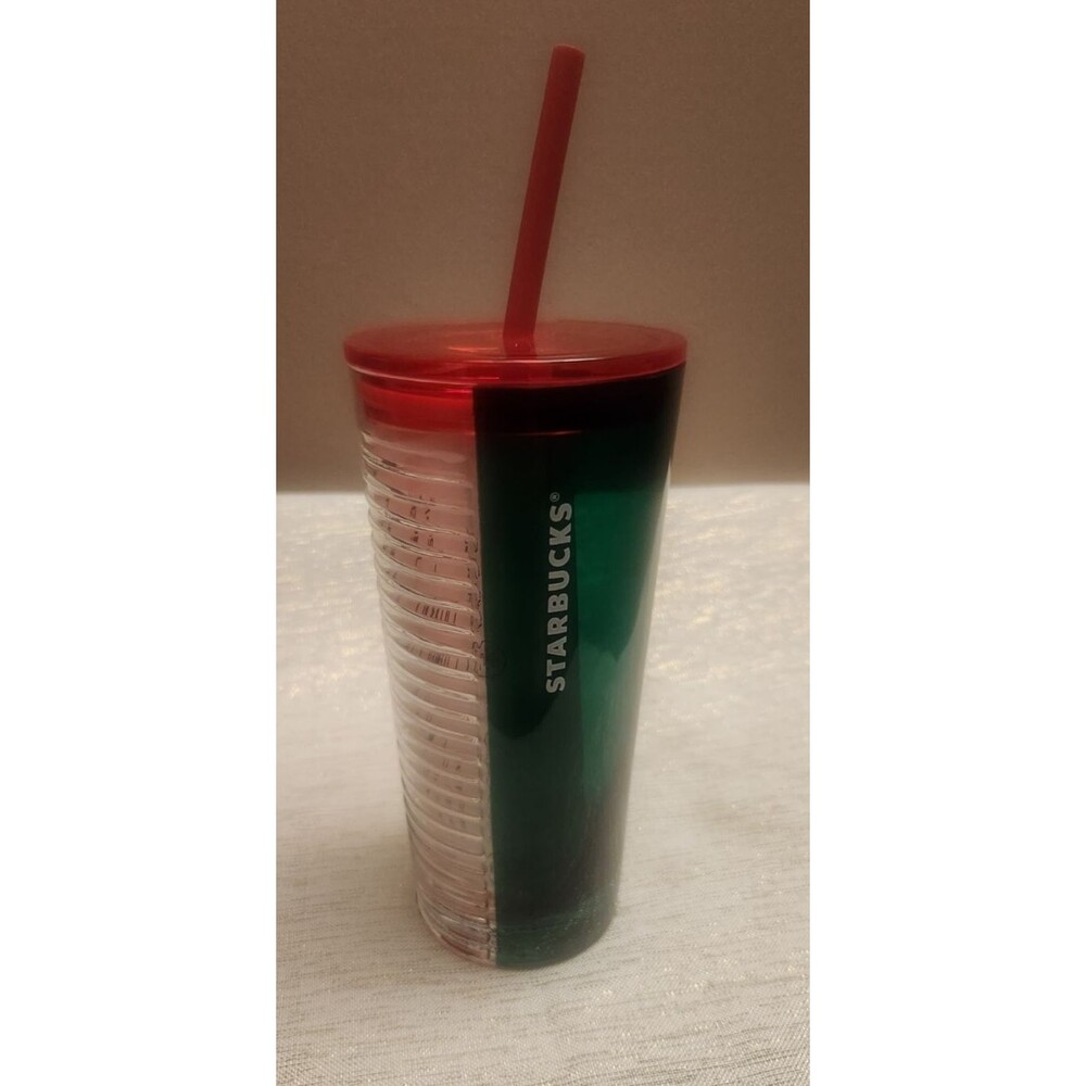 Starbucks Christmas 2021 Red Green Clear Glass Tumbler Cup 18oz Holiday Ribbed - Picture 1 of 4